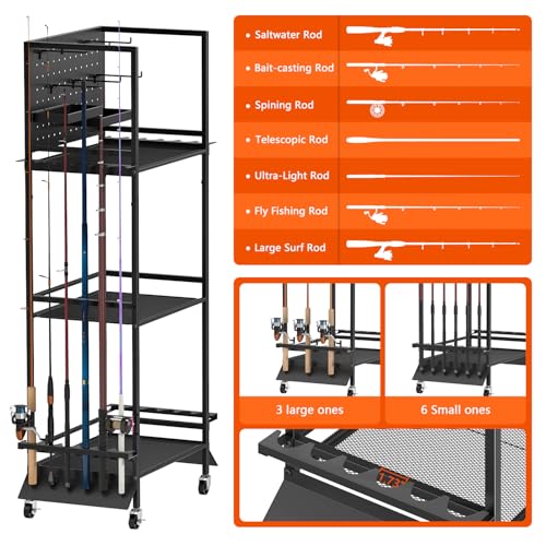 GloCryp 12-Rod Fishing Pole Holders for Garage, 3-Shelf Fishing Rod Holder with Pegboard and Trays, 360° Rotatable, Rolling Fishing Storage Cart with Wheels for Tackle Box & Fishing Gear Organization