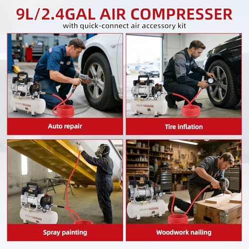 Ultra Quiet Air Compressor, Only 60dB, 2.4 Gallon Tank, Oil-Free, 110V/60Hz 1.5HP, 6.71CFM@115PSI, Air Compressor Perfect for Spray Painting, Auto Repair, Tire inflation, Woodwork nailing