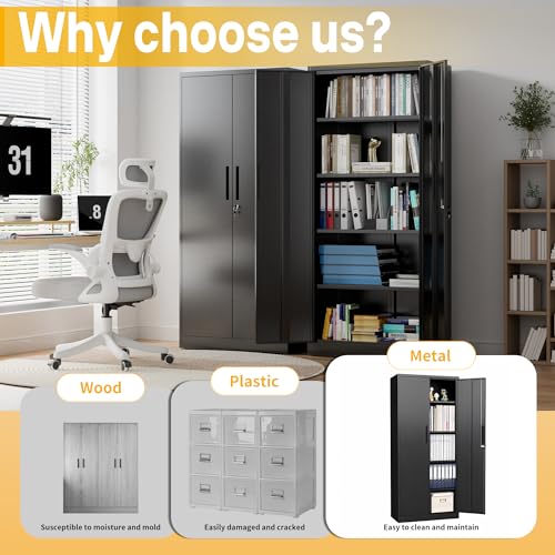 Reegangfa Metal Storage Cabinet with 2 Doors and 4 Adjustable Shelves, 71" Garage Storage Cabinet with Anti-Tipping Design, Lockable Garage Cabinets for Office, Home, Garage, Gym, School