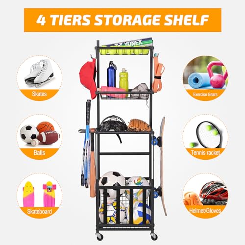 PLKOW Alloy Steel Sports Equipment Storage, Indoor/Outdoor Sports Rack, Ball Storage Organizer with Basket and Hooks For Toy/Sports Gear for Garage