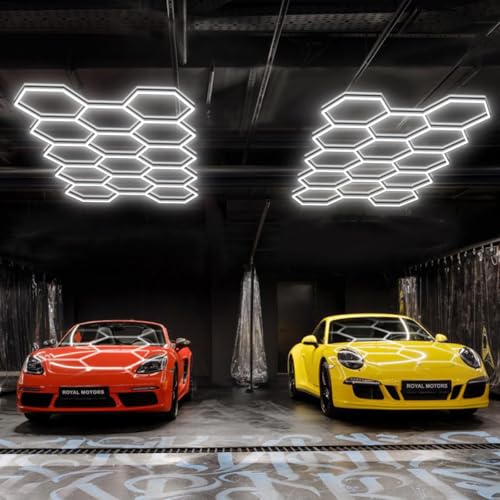 BRILLIHOOD Hexagon Garage Lights, LED Honeycomb Garage Lights, 456W, 54720LM, 6500K Super Bright, 14 Grid Systems Car Detailing Lighting for Warehouse Workshop Basement Gym