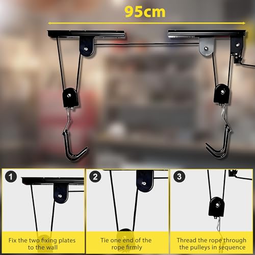 Heavy Duty Garage Ceiling Bike Hoist & Lift System - 100lbs Capacity Overhead Storage Rack for Bicycles, Kayaks, Ladders & Canoes,Space-Saving Pulley Hoist with Secure Locking Mechanism & Wall Hooks