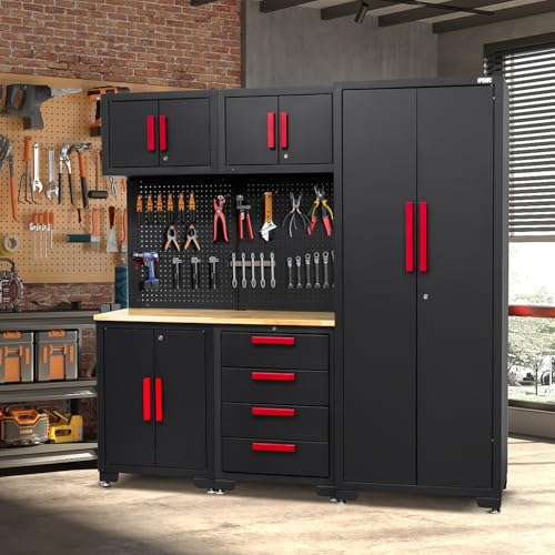 HPDMC Garage Storage Cabinet System - 2 * 6-Pcs Workshop Set with Steel Cabinet Drawers, Tool Chest, Workbench, Pegboard for Tool Organization