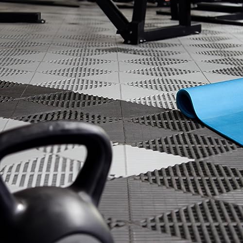 SafeRacks Ribbed Interlocking Garage Floor Tiles - Vented, Self-Draining, Non-Slip Flooring, Modular, Virgin Polypropylene, Ideal for Garages, Patios, Basements, Decks - Black - 82.56 sq ft - 48 Pack