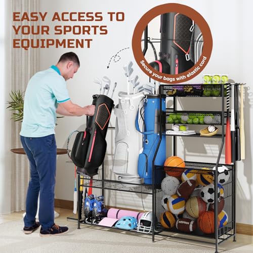 BOEASTER Garage Sports Equipment Organizer,3 Golf Bags Storage Stand,Heavy-Duty Ball Storage Rack with Basket and Hooks,Space-Saving Design for Toy Sports Gear Storage Indoor/Outdoor Use