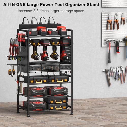 JUNNUJ Power Tool Organizer Floor Stand with Charging Station, Garage Adjustable Storage Rack Utility Tool Shelf with 8 Outlet Power Strip, Heavy Duty Drill and Battery Holder, Black