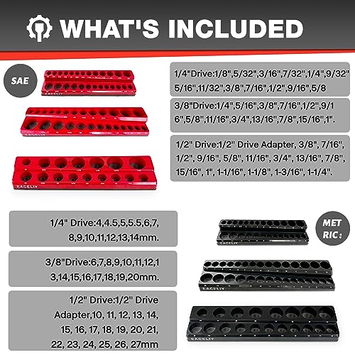 EACELIY 6-Piece Magnetic Socket Organizer Set, 1/2", 1/4" and 3/8" SAE & Metric Deep & Shallow Socket Holder Kit, holds 141 stanard Sockets, attaches to steel box/tool cart (sockets not included)