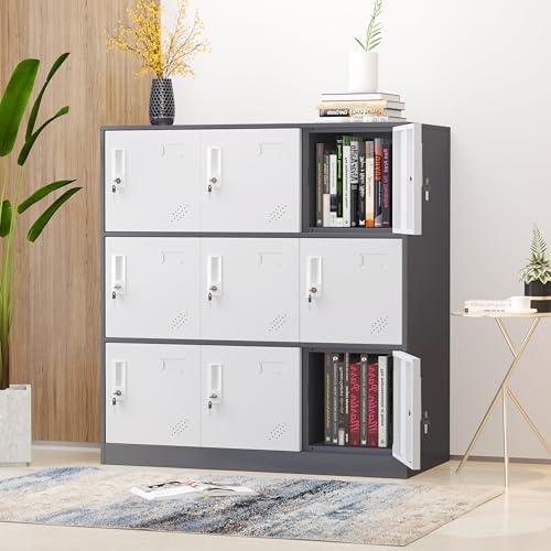 WISUNO 9 Doors Metal Lockers for Employees, Steel Storage Locker with Lock and Card Slot,Lockable Office Metal Storage for School Office Gym Bedroom,Garage(Gray)