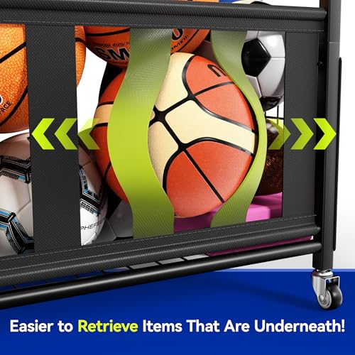 Keepmisc Sports Equipment Organizer, Large Capacity Garage Ball Storage Rack with Wheels, Heavy-Duty Rolling Ball Cart for Basketball, Soccer & Sports Gear