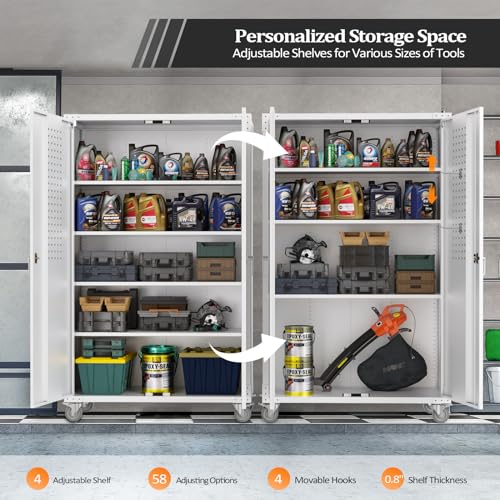 VINGLI Upgraded Wide & Deep Garage Storage Cabinet, Metal Storage Cabinet with Pegboards, Wheels, Locking Doors and Adjustable Shelves (Gray, 43''W x 20''D x 72''H)