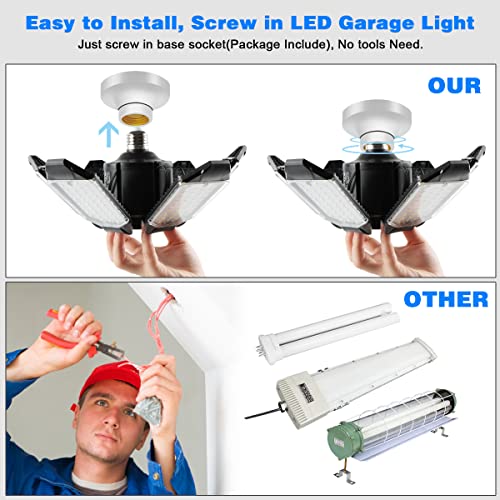 POLARPRA Garage Lights - 2Pack Super Bright 32000LM LED Garage Ceiling Light 6500K LED Shop Light w/ 6 Deformable Panels Screw in E26/E27 Socket Light Bulbs for Workshop Storage Warehouse Attic