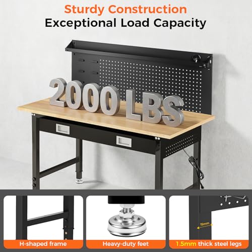 48" Adjustable Work Bench with Drawers, Workbench for Garage with Strip Light, Work Table with Large Pegboard, 2000 LBS Heavy Duty Table with Power Outlet Rubber Wood for Office, Workshop