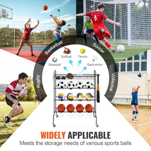 VEVOR Basketball Rack, 4-Layers Rolling Basketball Shooting Training Stand, Sports Equipment Storage Organizer with Wheels, Hooks and Baskets, Garage Ball Storage Holder for Football Soccer Volleyball