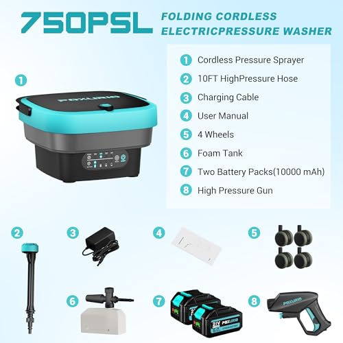 Cordless Washer,Foldable Washer with 2x5.0Ah Battery, 4 Adjustable Model, 4.5Gal Tank 10FT Hose, 6-in-1 Nozzle for Car Washer,Patio,Camping