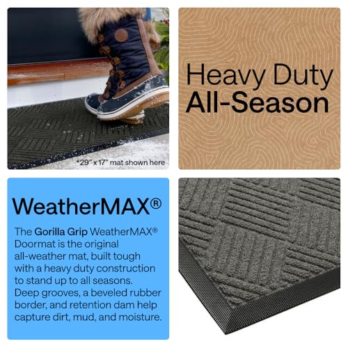 GORILLA GRIP 100% Waterproof All-Season WeatherMAX Doormat US Designed Natural Rubber, Stain Fade Resistant, Low Profile Indoor Outdoor Door Mats, Easy Clean, 29x17 Gray Diamond