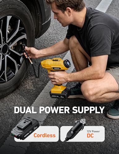AstroAI Cordless Tire Inflator Portable Air Compressor Fast Inflation 160 PSI Air Pump 20V Rechargeable Battery Powered with 12V DC Adapter Digital Pressure Gauge for Cars Motorcycles Bikes Yellow