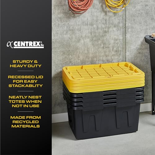 CX Black & Yellow 27-Gallon Heavy Duty Stackable Storage Bins with Lids, Dorm Room Essentials, Moving Boxes, Back to School, Classroom Organization, Home Organization, 4 Pack (14.3"H x 20.6"W x 30.6"D)
