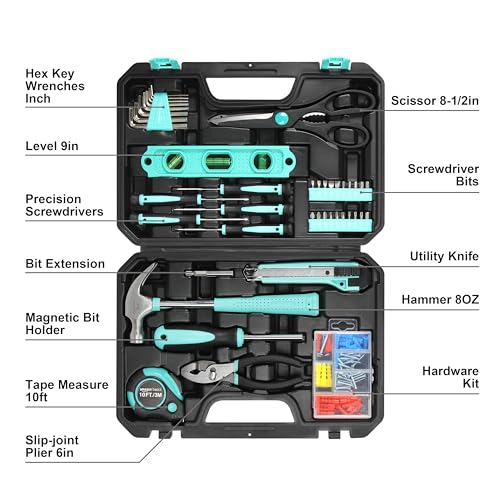 Amazon Basics 142-Piece Household Tool Kit for Home Repair, Hand Tools with Storage Case, 13.39 x 9.25 x 2.95 inch, Turquoise