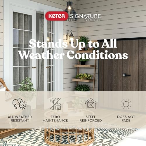 Signature Collection Vertical Outdoor Storage Shed, Weather-Resistant Resin Storage Cabinet with Double Doors & Heavy-Duty Floor, Walnut