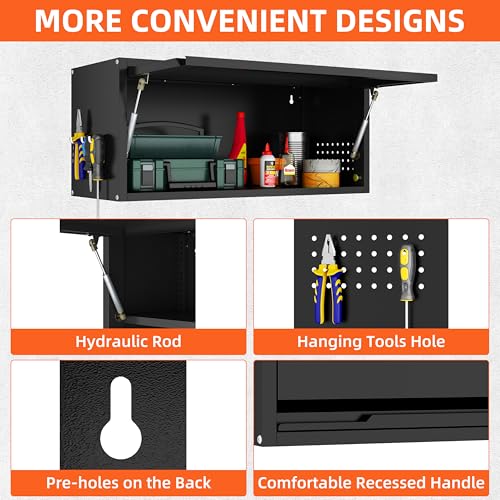 Yoonkool Metal Garage Wall Cabinet, Floating Garage Tool Cabinets with Up-Flip Door,13.8''H Hanging Wall Mounted Storage Cabinet for Garage, Warehouse, Kitchen, Bathroom, Workshop, RV, Black