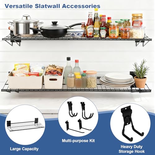 LYYUWE 20PCS Slatwall Accessories Set, Includes 2 Pack Slatwall Wire Shelves (24 inches Width) and 18 Pack Heavy Duty Multisize Slatwall Hooks for Garage Organization, Retail Display (24 Inch)