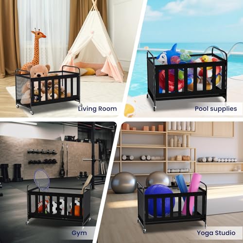 storenization Ball Storage Bin Large with Wheels, Outdoor Ball Storage for Garage, Sports Equipment Organizer Storing Volleyball, Basketball, Toys, Soccer and Baseball