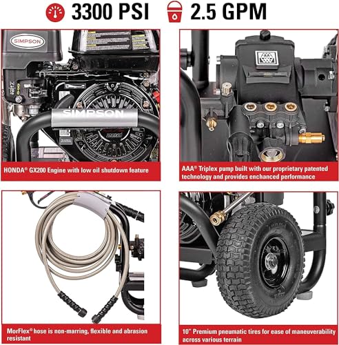 SIMPSON Cleaning PS3228 PowerShot 3300 PSI Gas Pressure Washer, 2.5 GPM, Honda GX200 Engine, Includes Spray Gun and Extension Wand, 5 QC Nozzle Tips, 5/16-inch x 25-foot MorFlex Hose, 49-State