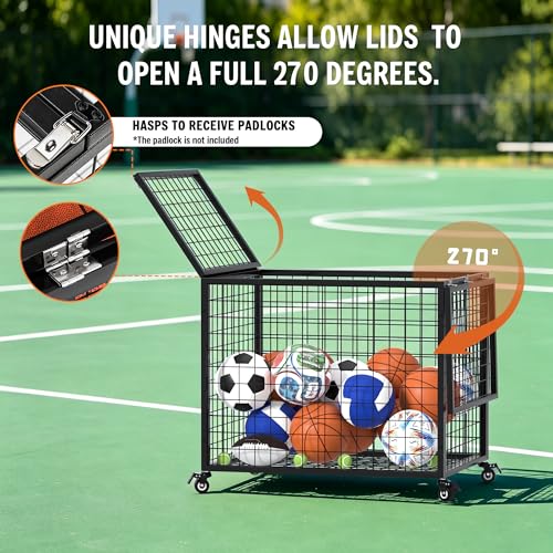 Ball Cart Garage Sports Equipment Organizer with Lockable Lid, Basketball Storage Bin for Indoor Outdoor, Rolling Exercise Ball Cart Holder for Gym, School, Club