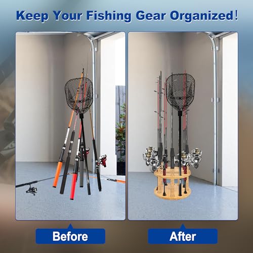 NBINGB Fishing Rod Holders for Garage 360 Degree Rotating Fishing Pole Rack, Floor Stand Holds up to 12 Rods Bamboo Wood Fishing Gear Equipment Storage Organizer, Fishing Gifts for Men
