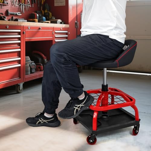 FreekyFit Rolling Stool with Red Wheels, Heavy Duty Garage Work Mechanic Rolling Shop Stool with Backrest, Adjustable Height 360°Swivel Roller Mechanic Chair with 2 Tool Trays, 330 LBS Capacity