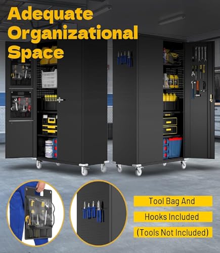 OREALLANDROL 72"x44"x22" Metal Garage Storage Cabinet with Wheels & Pegboards, Black Steel Locking Cabinet with 4 Adjustable Shelves, Rolling Tool for Garage, Basement, Home, Office