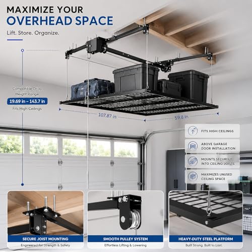 Overhead Garage Storage Rack 5x9 FT, Pull Down Garage Ceiling Storage Lift System with Drill-Operated Crank, Heavy Duty Ceiling Mounted Organizer with Safety Lock, 400 LBS Capacity