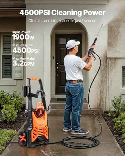 VEVOR Electric Pressure Washer, Max 4500 PSI 3.2 GPM, High-Power Cleaner with Foam Cannon & 4 Nozzles for Driveways, Cars, Fences, Patios, Home Cleaning