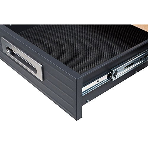 Lighted Hardwood Top Workbench Dark Grey cushioned lined storage drawers