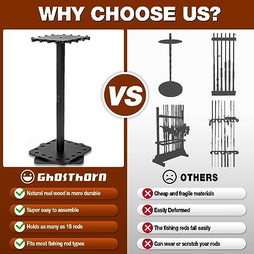 Ghosthorn Fishing Rod Holders for Garage 360 Degree Rotating Fishing Pole Rack, Floor Stand Holds up to 16 Rods Wood Fishing Gear Equipment Storage Organizer, Fishing Gifts for Men Women