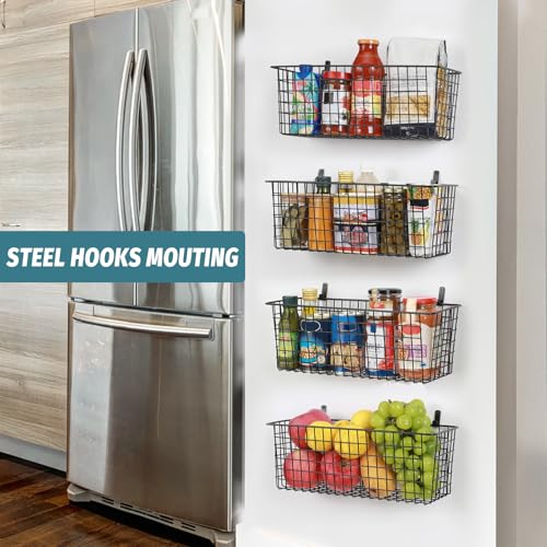 4 Set [EXTRA LARGE] Hanging Wall Mount Storage Baskets with Adhesive Hooks & Steel Hooks, Multiuse Sturdy Wire Metal Organizing Baskets for Home Kitchen Bathroom Pantry Utility Organizer, Black
