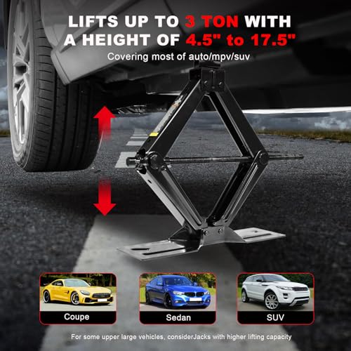Big RED Car Jack 3Ton/6610 lbs Universal Scissor Jack with Rubber Pad, Portable Tire Changing Kit with Lug Wrench, Emergency Kit for Sedan SUV MPV