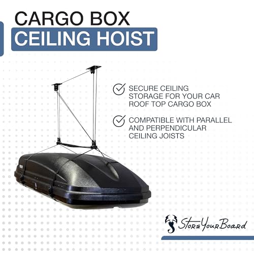 StoreYourBoard Cargo Box Pulley System – Heavy-Duty Garage Hoist Lift for Rooftop Carriers – Garage Storage & Garage Organization Ceiling Hoist with Pulley – Holds 150 lbs - Fits 8–10 ft Ceilings