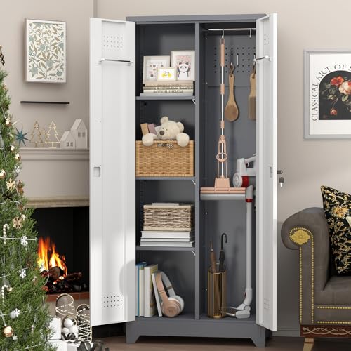 IRONFFICE Metal Garage Storage Cabinets,Broom Closet Storage Cabinet with Doors and Shelves,Tall Utility Closet Cabinet with Pegboard,Laundry Cabinet for Garage,Warehouse,Home,Basement,Grey-White