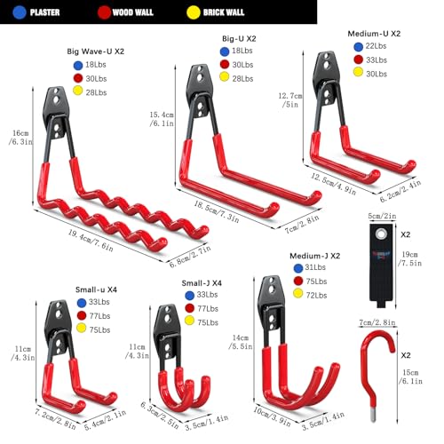 3-H Heavy Duty Garage Wall Hooks 20 Pack, Anti-Slip PVC Coating Wall Mount Garage Storage Utility Hooks, Heavy Load Organizer for Ladders, Yard Tools, Shovel, Weed Eater, Hoses & Bulk Items,Red