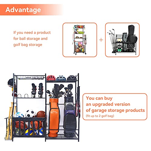 WALMANN Garage Sports Equipment Organizer, Golf Bag Stand for Garage Ball Storage Rack Indoor/Outdoor Kids Toys Storage Organizer Bins, Ball Holder with Baskets