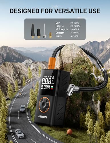 AstroAI L7 Tire Inflator Portable Air Compressor,150 PSI Cordless Mini Air Bike Auto Shut-Off Pump with Digital Display Pressure Gauge, Fast Inflation & LED Light for Car Tires,Motorcycles,Bikes,Balls