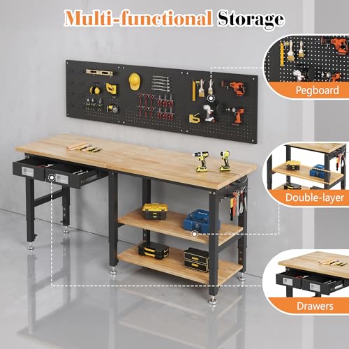 SPECRAFT 72" 2-Tier Heavy Duty Work Bench with Drawer & Pegboard, Workbench with Storage, Adjustable Height – 5200 LBS Capacity, Power Outlets, for Garage, Workshop & Home Use