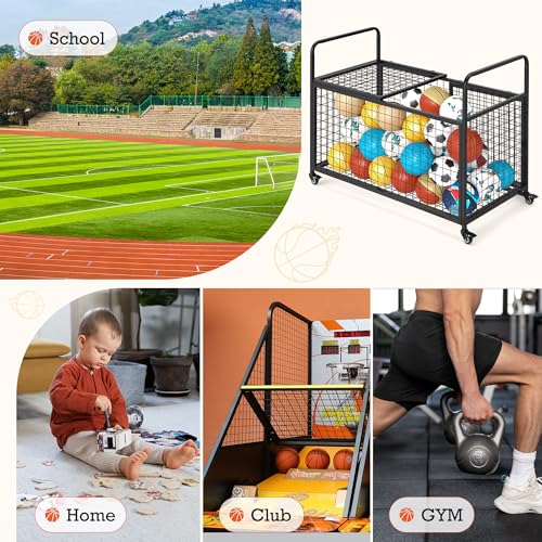 AECOJOY Ball Cart Storage, Extra Large Rolling Basketball Bin with Wheels for Garage, School, Gym, Sports Equipment and Toy Organizer, Indoor & Outdoor