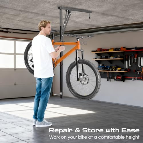 Vanesa Hydraulic Bike Ceiling Mount for Garage - Heavy Duty Pull Down Bike Hanger, Folding Overhead Bike Storage Hoist Holds Up to 66 lbs, Space Saving Bicycle Mount for Garage/Indoor