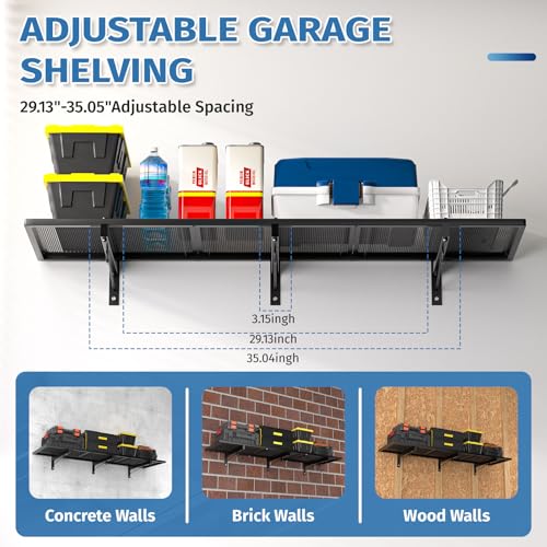 2 Pack Garage Wall Shelving,46"X 12.5" Garage Shelving Wall Mounted,Heavy Duty Garage Storage Rack with 8 Hooks,320 LBS Capacity,Black Metal Floating Organizer Shelves for Laundry,Warehouse (2)