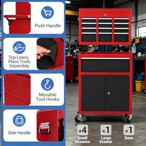 Heavy Duty 5 Drawer Tool Chest, Rolling Tool Box Cabinet on Wheels, 2-in-1 Detachable Metal Tool Storage Organizer for Garage and Workshop, Locking Steel Tool Cart with Portable Top Tool Box,Black&Red
