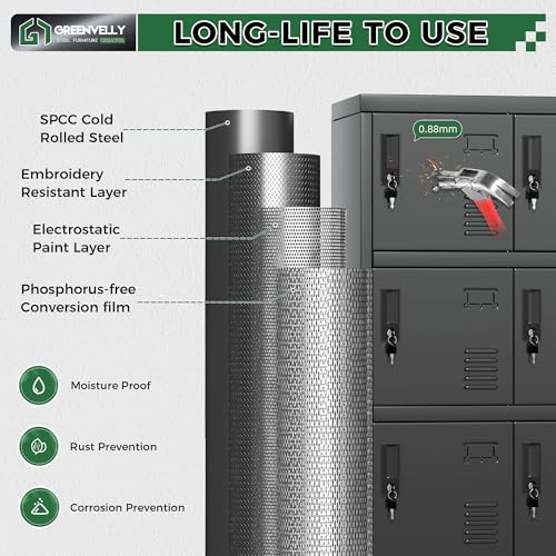 Greenvelly 9 Door Storage Locker for Employee, Metal Locker for Office, Gym, Shool, Lockable Black Steel Locker with Lock and Card Slot for Home,Garage
