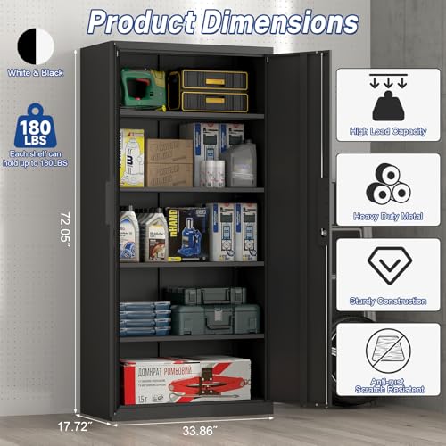 FATIGOS 72''H Tall Metal Garage Storage Cabinet with Lock, 18'' Deep Metal Storage Cabinets with Doors and 4 Adjustable Shelves, Heavy Duty Steel Locker for Laundry Room, Warehouse, Home Office, Black