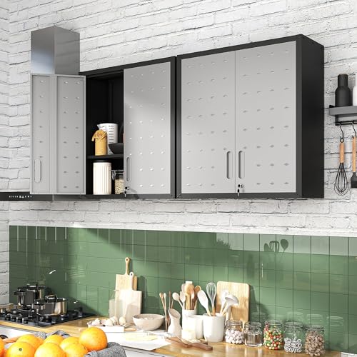 BIZOEIRON Garage Wall Mounted Storage Cabinet with Doors and Shelves, Lockable Metal Wall Cabinet, Hanging Tool Cabinet for Garage Utility Room (Black & Grey)